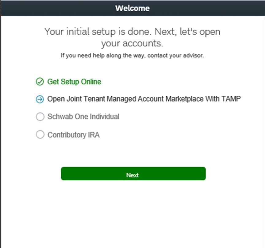 Schwab application example: Continue to your account review