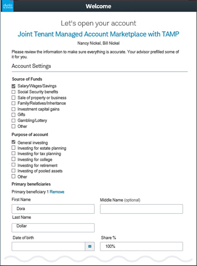 Schwab application example: Review your account details