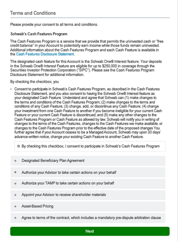 Schwab application example: Read the account terms and conditions