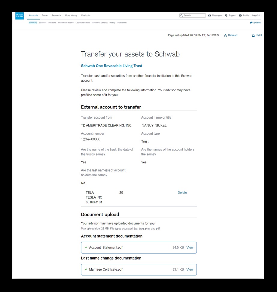 Schwab application example: Check your transfer instructions