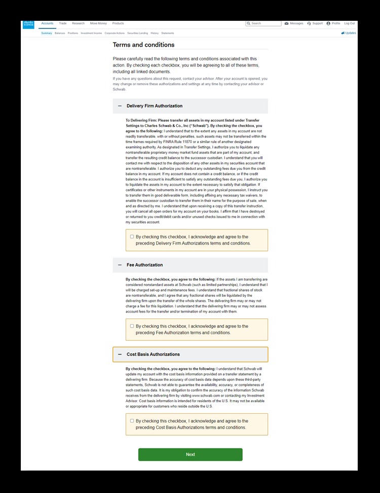 Schwab application example: Review the funding agreements