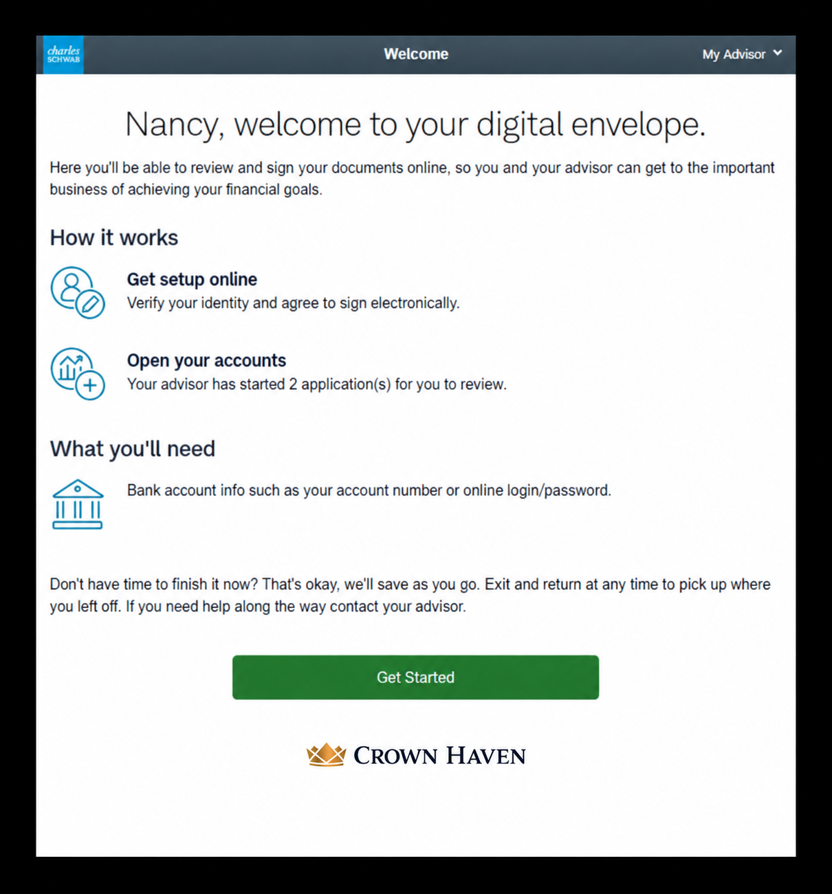 Schwab application example: Get ready to begin, view 1