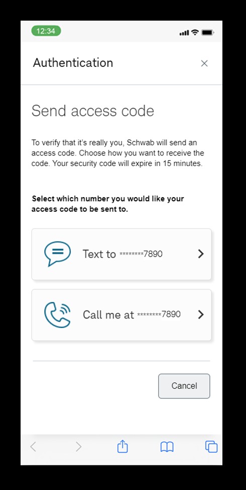 Schwab application example: Sign in and verify your identity, view 2