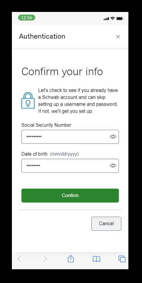 Schwab application example: Sign in and verify your identity, view 1