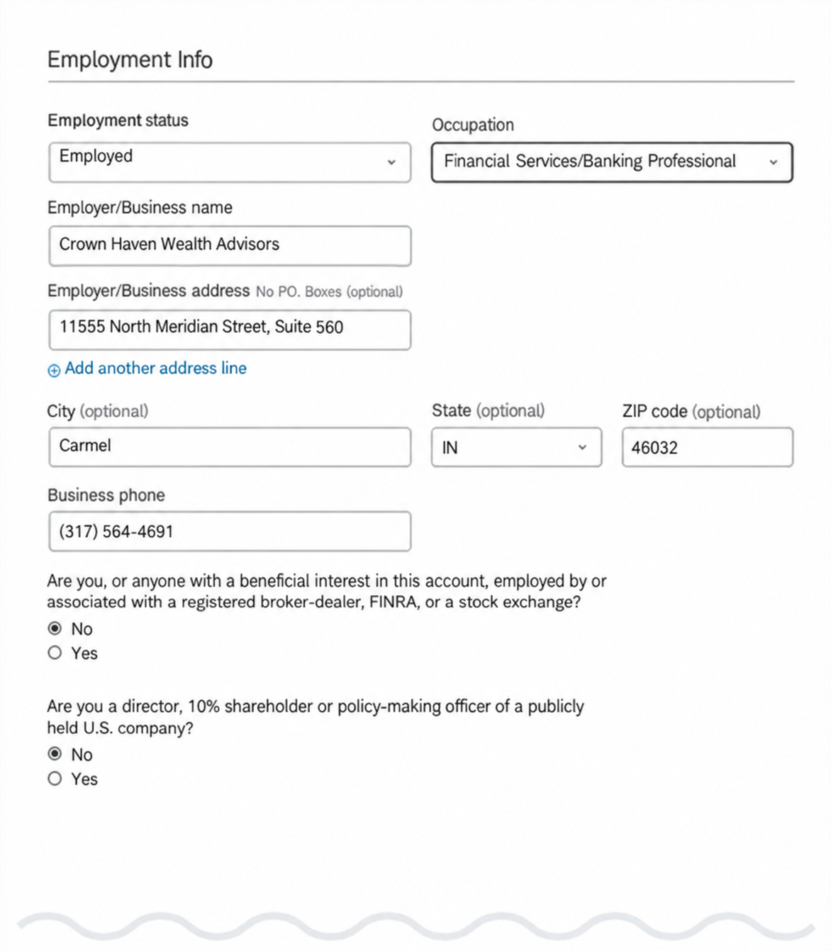 Schwab application example: Check your personal details, view 2