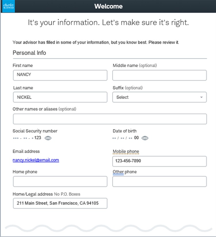 Schwab application example: Check your personal details, view 1