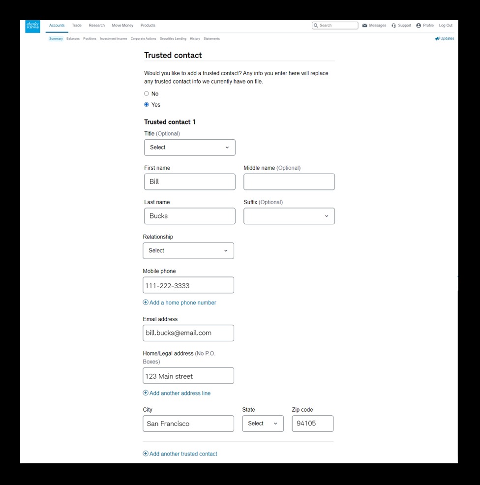 Schwab application example: Choose your trusted contact